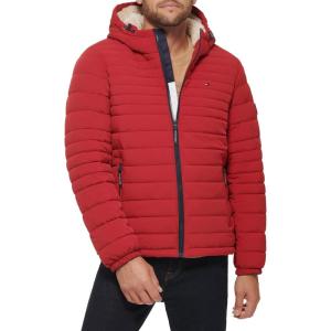 image:imageTommy Hilfiger Mens Stretch Poly Hooded Packable Jacket With Sherpa LiningRed