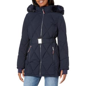 image:imageTommy Hilfiger Womens Fur Hood Long Puffer Zip Up Belt at Waist JacketNavy