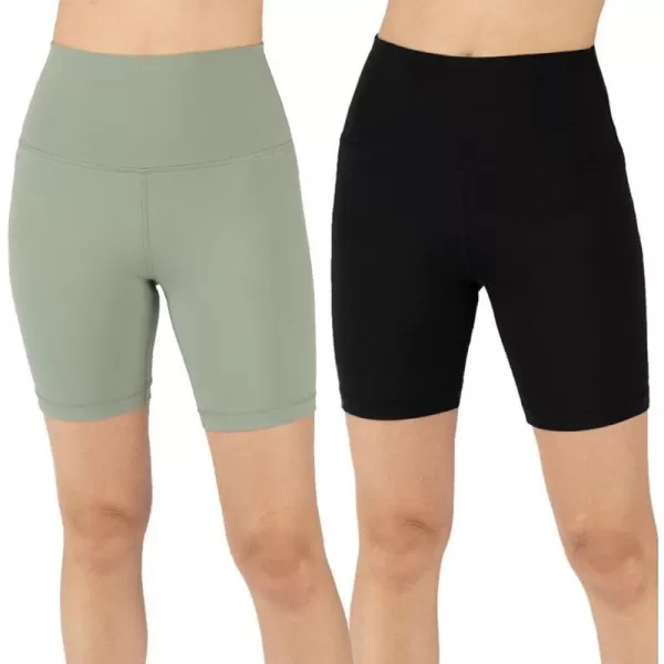 Yogalicious Lux High Waist Squat Proof Biker Short  2 Pack 5 7Green MilieuBlack 7 Elastic Free