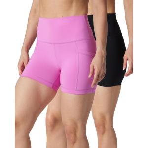 imageYogalicious Womens 5 7 High Waisted Biker Shorts Squat Proof Workout Yoga Short 2 PackSpring Crocus W Pocket  Black No Pocket 5