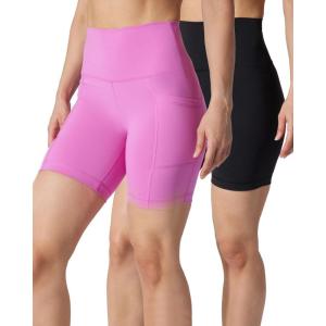 imageYogalicious Womens 5 7 High Waisted Biker Shorts Squat Proof Workout Yoga Short 2 PackSpring Crocus W Pocket  Black No Pocket 7