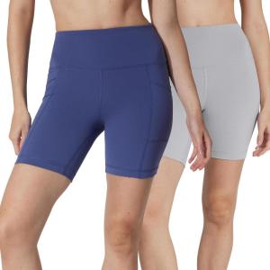 imageYogalicious Womens 5 7 High Waisted Biker Shorts Squat Proof Workout Yoga Short 2 PackSkipper Blue W Pocket  Htrgrey No Pocket 7