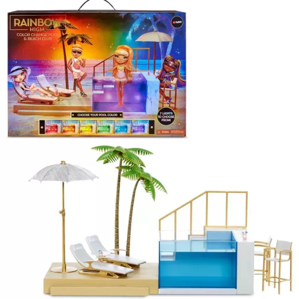 Rainbow High Color Change Pool &amp; Beach Playset : 7-in-1 Light-Up-Multicolor Changing Pool, Adjustable Umbrella, and Pool Accessories. Fits 7 Fashion Dolls, Toy Gift for Kids Ages 6 7 8+ to 12 578475