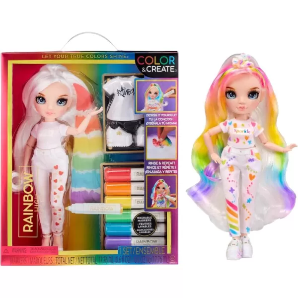 Rainbow High Color &amp; Create Fashion DIY Doll with Washable Rainbow Markers, Blue Eyes, Straight Hair, Bonus Top &amp; Shoes. Color, Create, Play, Rinse and Repeat. Creative 4-12+