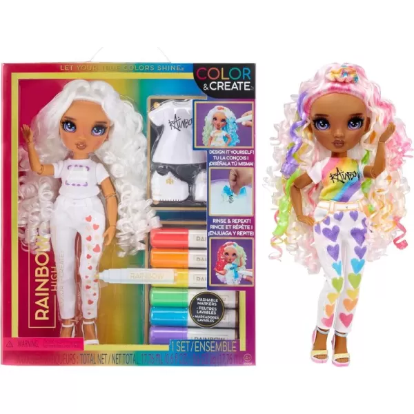 Rainbow High Color &amp; Create Fashion DIY Doll with Washable Rainbow Markers, Purple Eyes, Curly Hair, Bonus Top &amp; Shoes. Color, Create, Play, Rinse and Repeat. Creative 4-12+