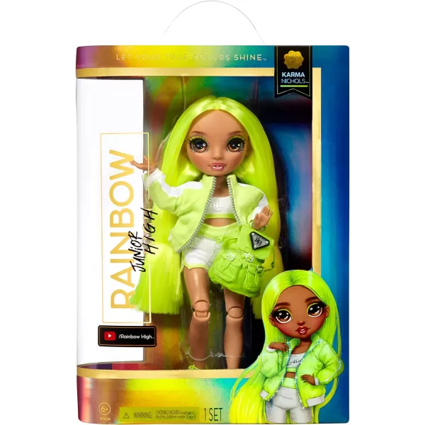 Rainbow High Jr High Series 2 Karma Nichols- 9" NEON Green Posable Fashion Doll with Designer Accessories and Open/Close Backpack. Great Toy Gift for Kids Ages 6-12 Years Old &amp; Collectors
