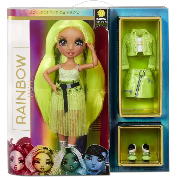 Rainbow High Karma Nichols – Neon Green Fashion Doll with 2 Doll Outfits to Mix &amp; Match and Doll Accessories, Great Gift for Kids 6-12 Years Old)