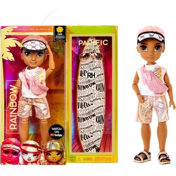 Rainbow High Pacific Coast Finn Rosado- Rose Gold Boy Fashion Doll with Pool Accessories playset, and Surfboard. Great Gift for Kids 6-12 Years Old