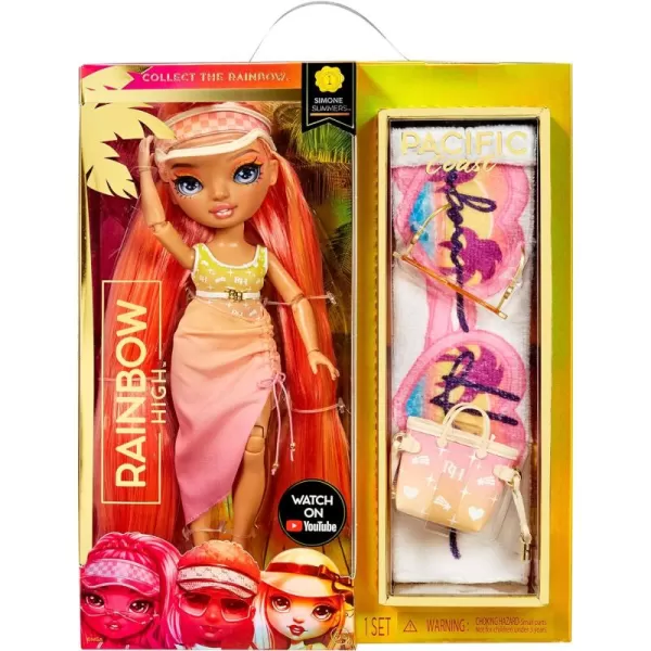 Rainbow High Pacific Coast Simone Summers- Sunrise  Fashion Doll with 2 Designer Outfits, Pool Accessories Playset, Interchangeable Legs, Toys for Kids, Great Gift for Ages 6-12+ Years Fashion Doll with 2 Designer Outfits, Pool Accessories Playset, Interchangeable Legs, Toys for Kids, Great Gift for Ages 6-12+ Years)