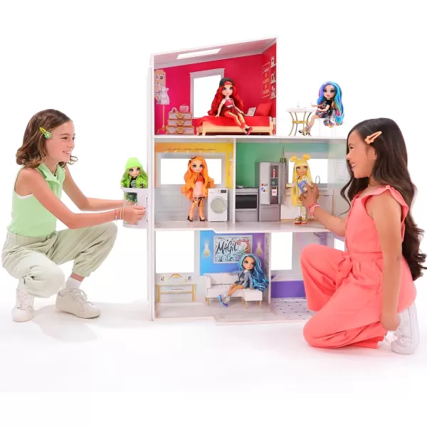 Rainbow High Townhouse 3-Story Wood Dollhouse Playset with 5 Colorful Rooms &amp; Rooftop Patio. Fully Furnished Fashion Home, Working Elevator and Play Accessories, Toy Gift for Kids Ages 4-12+