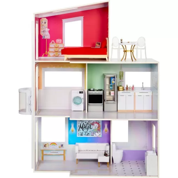 Rainbow High Townhouse 3-Story Wood Dollhouse Playset with 5 Colorful Rooms &amp; Rooftop Patio. Fully Furnished Fashion Home, Working Elevator and Play Accessories, Toy Gift for Kids Ages 4-12+