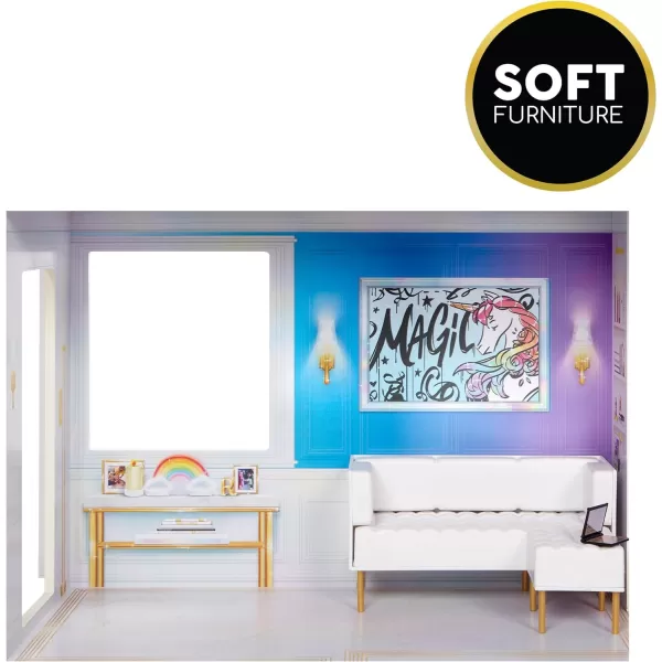 Rainbow High Townhouse 3-Story Wood Dollhouse Playset with 5 Colorful Rooms &amp; Rooftop Patio. Fully Furnished Fashion Home, Working Elevator and Play Accessories, Toy Gift for Kids Ages 4-12+