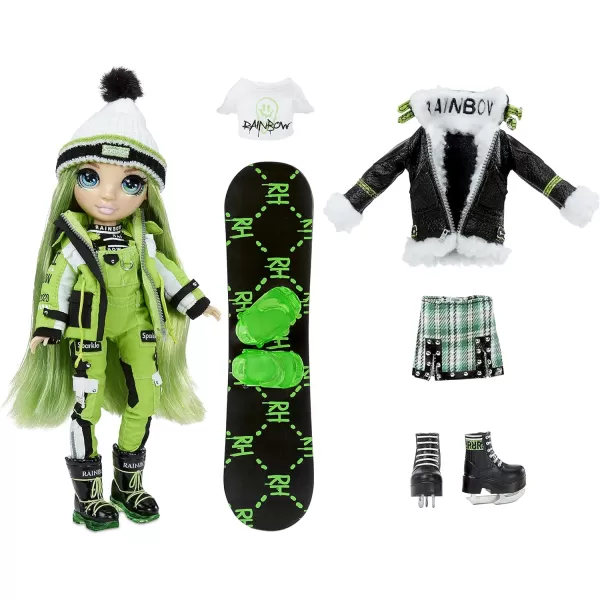 Rainbow High Winter Break Jade Hunter – Green Fashion Doll and Playset with 2 Designer Outfits, Snowboard and Accessories, Kids and Collectors, Toy Gift Ages 6 7 8+ to 12