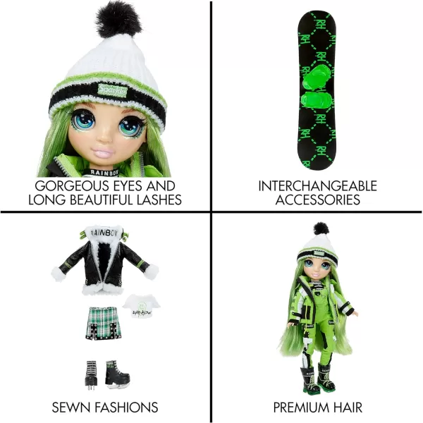Rainbow High Winter Break Jade Hunter – Green Fashion Doll and Playset with 2 Designer Outfits, Snowboard and Accessories, Kids and Collectors, Toy Gift Ages 6 7 8+ to 12