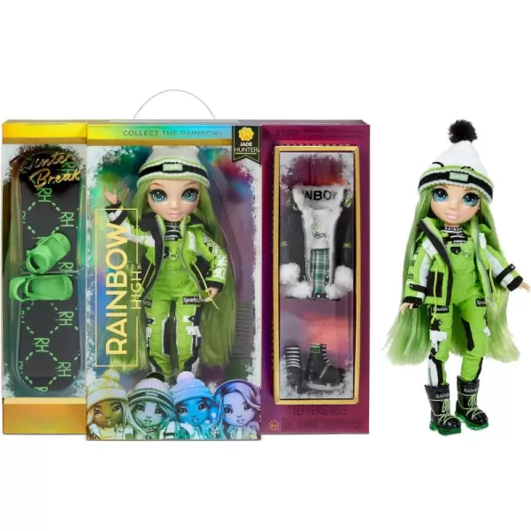 Rainbow High Winter Break Jade Hunter – Green Fashion Doll and Playset with 2 Designer Outfits, Snowboard and Accessories, Kids and Collectors, Toy Gift Ages 6 7 8+ to 12