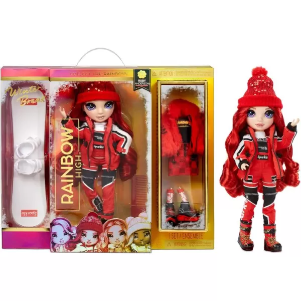 Rainbow High Winter Break Ruby Anderson – Red Fashion Doll and Playset with 2 Designer Outfits, Snowboard and Accessories