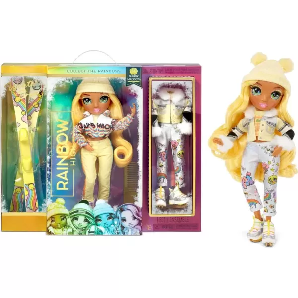 Rainbow High Winter Break Sunny Madison – Yellow Fashion Doll and Playset with 2 Designer Outfits, Pair of Skis &amp; Accessories