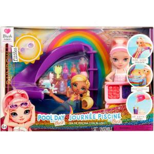 imageRainbow High Littles Pool Day Playset  Small Doll Pink 55 Pool with Rainbow Slide Accessories Smoothie Stand Kids Gift Ages 4