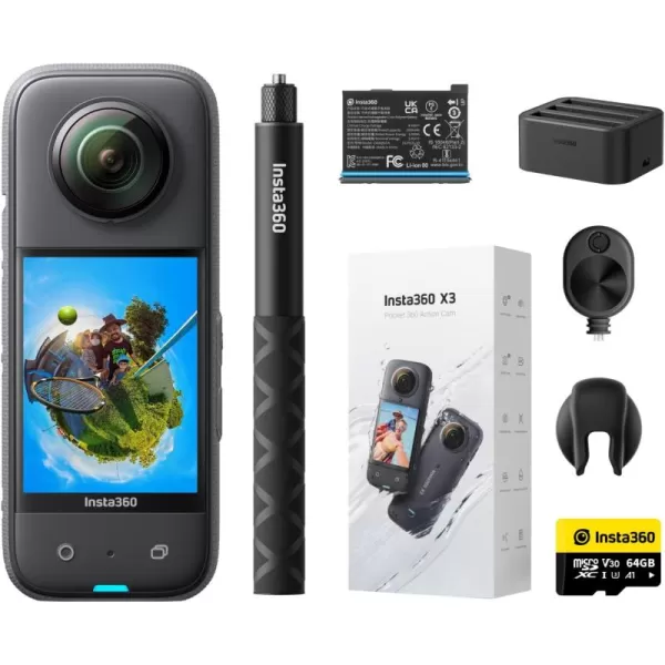 Insta360 X3 Ultimate Kit - Waterproof 360 Action Camera with 1/2" 48MP Sensors, 5.7K 360 Active HDR Video, 72MP 360 Photo, 4K Single-Lens, 60fps Me Mode, Stabilization, 2.29" Touchscreen, AI Editing