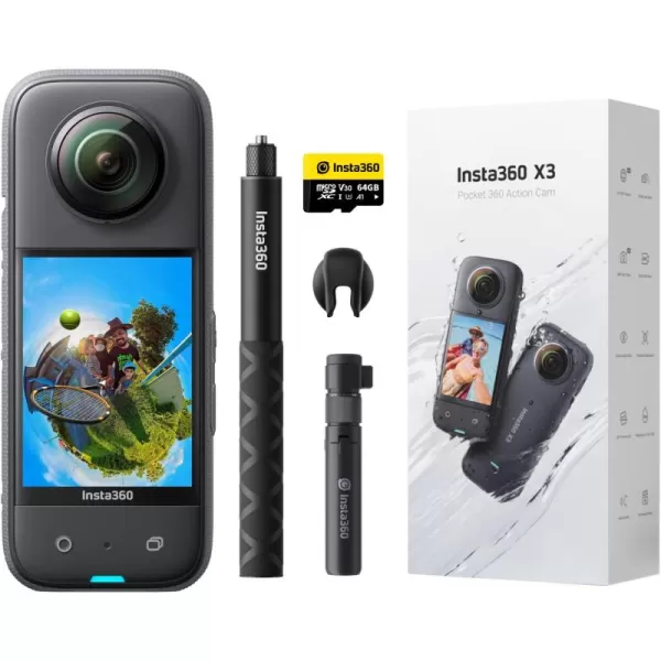 Insta360 X3 Ultimate Kit - Waterproof 360 Action Camera with 1/2" 48MP Sensors, 5.7K 360 Active HDR Video, 72MP 360 Photo, 4K Single-Lens, 60fps Me Mode, Stabilization, 2.29" Touchscreen, AI Editing