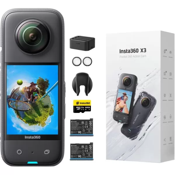 Insta360 X3 Ultimate Kit - Waterproof 360 Action Camera with 1/2" 48MP Sensors, 5.7K 360 Active HDR Video, 72MP 360 Photo, 4K Single-Lens, 60fps Me Mode, Stabilization, 2.29" Touchscreen, AI Editing