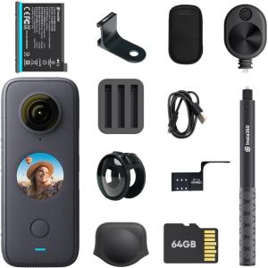 imageInsta360 ONE X2360 Degree Waterproof Action Camera 57K 360 Stabilization Touch Screen AI Editing Live Streaming Webcam Voice Control Ultimate Kit