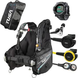 imageTUSA Gear Essentials Soverin Alpha BCD Scuba Diving Package wDC Solar Wrist Computer RS1001 Regulator Octo Compact Console and Roller Mesh BagBlack