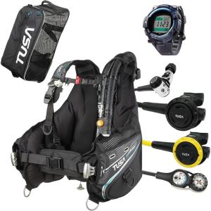 imageTUSA Gear Essentials Soverin Alpha BCD Scuba Diving Package wDC Solar Wrist Computer RS1001 Regulator Octo Compact Console and Roller Mesh BagNavy Blue