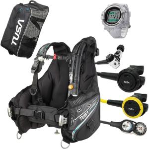 imageTUSA Gear Essentials Soverin Alpha BCD Scuba Diving Package wDC Solar Wrist Computer RS1001 Regulator Octo Compact Console and Roller Mesh BagWhite