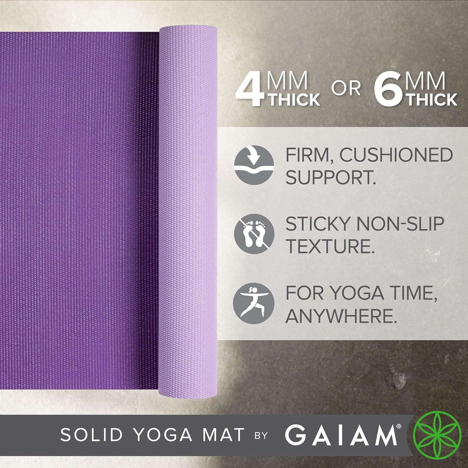 Gaiam Solid Color Yoga Mat, Non Slip Exercise &amp; Fitness Mat for All Types of Yoga, Pilates &amp; Floor Exercises