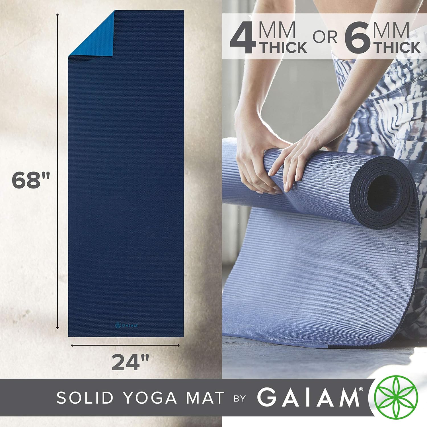 Gaiam Solid Color Yoga Mat, Non Slip Exercise &amp; Fitness Mat for All Types of Yoga, Pilates &amp; Floor Exercises