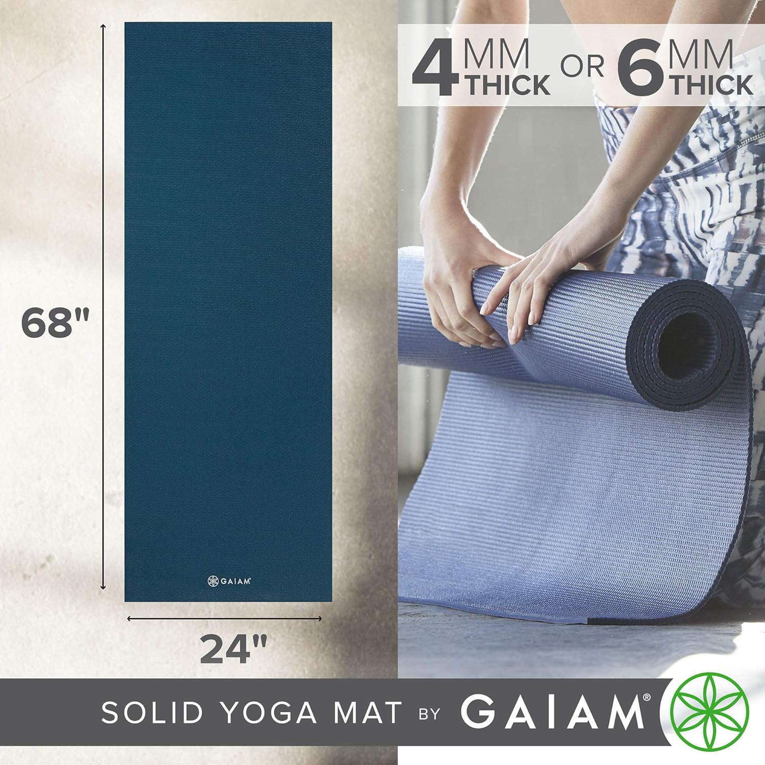 Gaiam Solid Color Yoga Mat, Non Slip Exercise &amp; Fitness Mat for All Types of Yoga, Pilates &amp; Floor Exercises