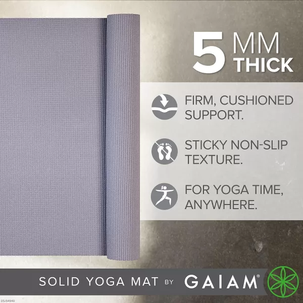 Gaiam Yoga Mat - Premium 5mm Solid Thick Non Slip Exercise &amp; Fitness Mat for All Types of Yoga, Pilates &amp; Floor Workouts 