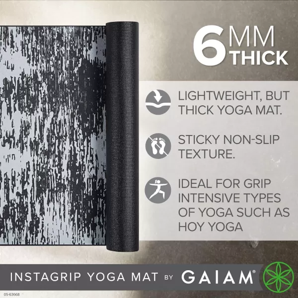 Gaiam Yoga Mat - 6mm Insta-Grip Extra Thick &amp; Dense Textured Non Slip Exercise Mat for All Types of Yoga &amp; Floor Workouts, 68" L x 24" W x 6mm Thick