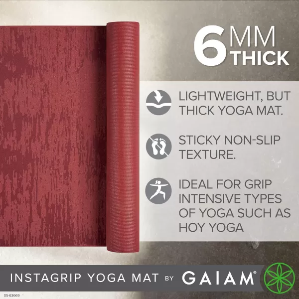 Gaiam Yoga Mat - 6mm Insta-Grip Extra Thick &amp; Dense Textured Non Slip Exercise Mat for All Types of Yoga &amp; Floor Workouts, 68" L x 24" W x 6mm Thick