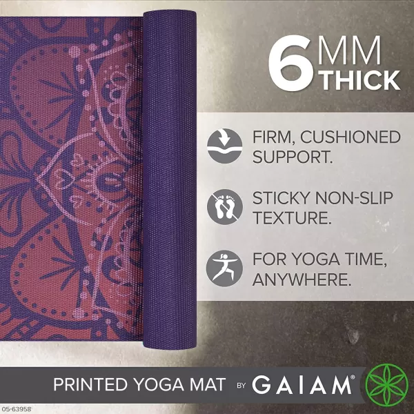 Gaiam Yoga Mat - Premium 6mm Print Extra Thick Non Slip Exercise &amp; Fitness Mat for All Types of Yoga, Pilates &amp; Floor Workouts 