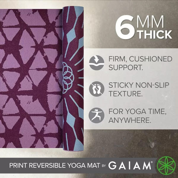 Gaiam Yoga Mat - Premium 6mm Print Reversible Extra Thick Non Slip Exercise &amp; Fitness Mat for All Types of Yoga, Pilates &amp; Floor Workouts 