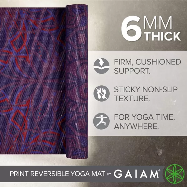 Gaiam Yoga Mat - Premium 6mm Print Reversible Extra Thick Non Slip Exercise &amp; Fitness Mat for All Types of Yoga, Pilates &amp; Floor Workouts 