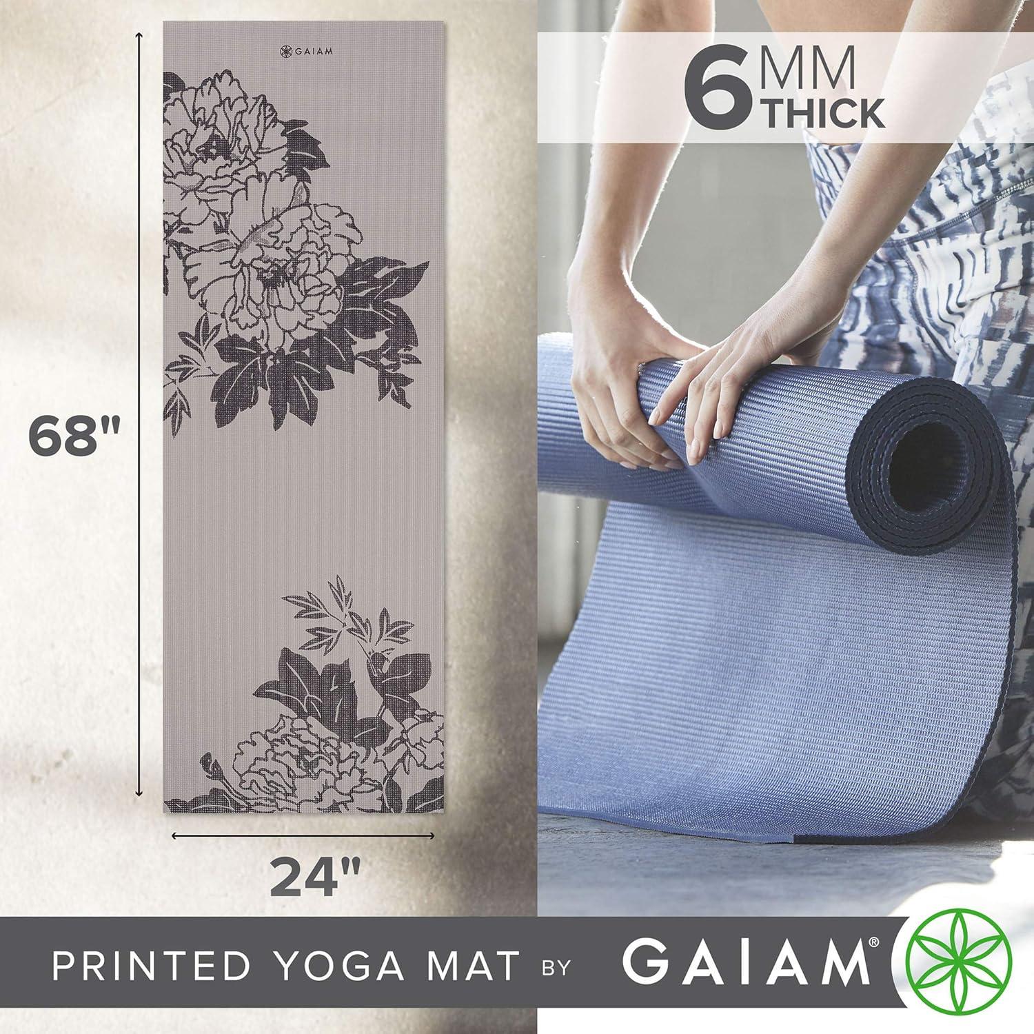 imageGaiam Yoga Mat  Premium 6mm Print Extra Thick Non Slip Exercise ampamp Fitness Mat for All Types of Yoga Pilates ampamp Floor Workouts 68quotL x 24quotW x 6mm ThickGrey Peony