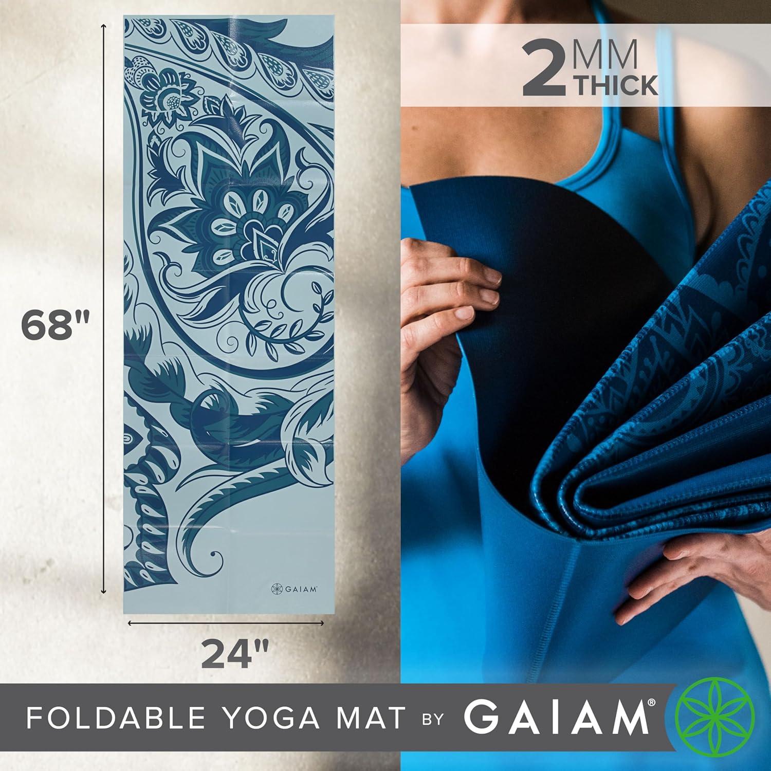imageGaiam Yoga Mat  Folding Travel Fitness ampamp Exercise Mat  Foldable Yoga Mat for All Types of Yoga Pilates ampamp Floor Workouts 68quotL x 24quotW x 2mm ThickIcy Paisley