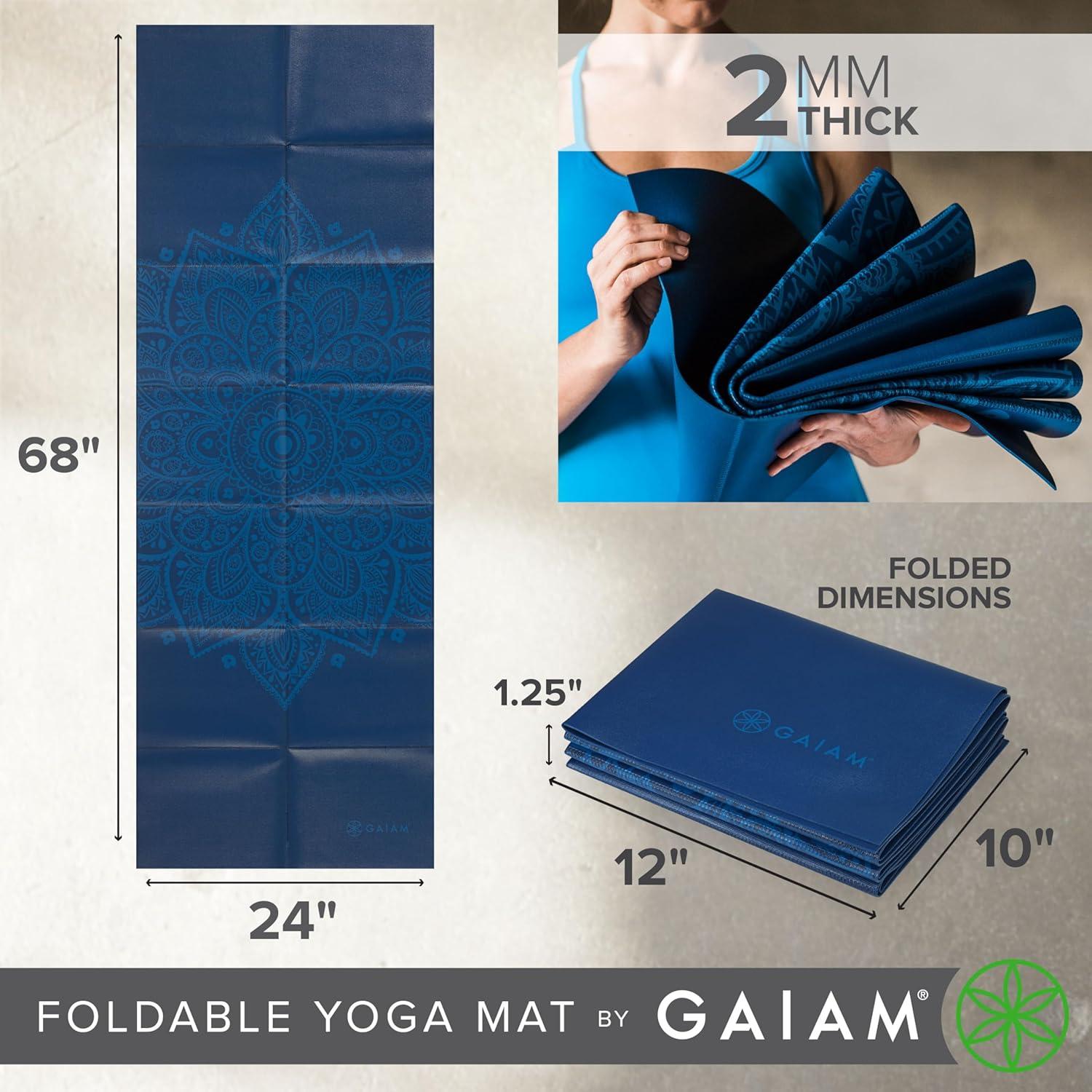 imageGaiam Yoga Mat  Folding Travel Fitness ampamp Exercise Mat  Foldable Yoga Mat for All Types of Yoga Pilates ampamp Floor Workouts 68quotL x 24quotW x 2mm ThickBlue Sundial