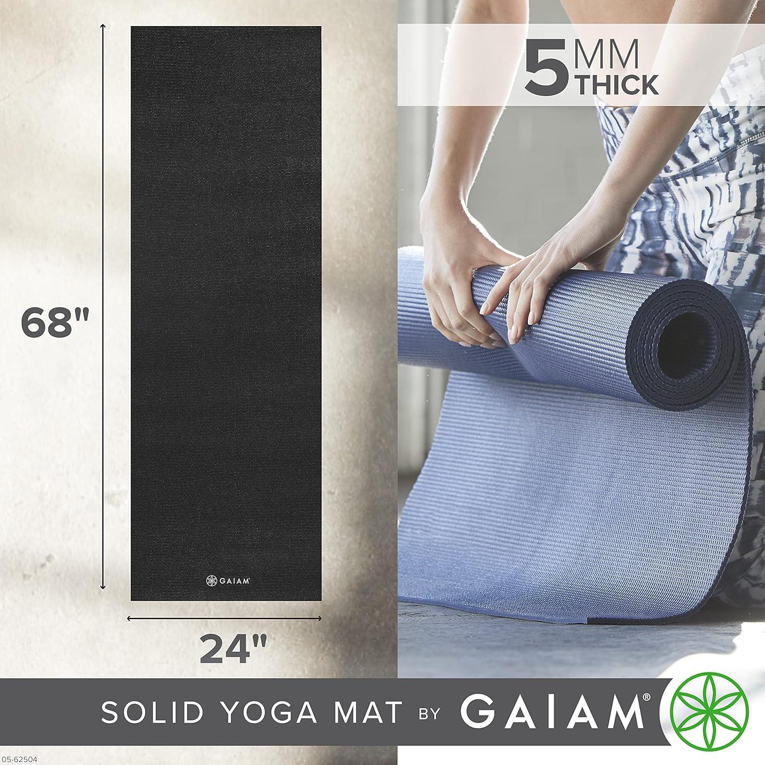 imageGaiam Yoga Mat  Premium 5mm Solid Thick Non Slip Exercise ampamp Fitness Mat for All Types of Yoga Pilates ampamp Floor Workouts 68quot x 24quot x 5mmBlack