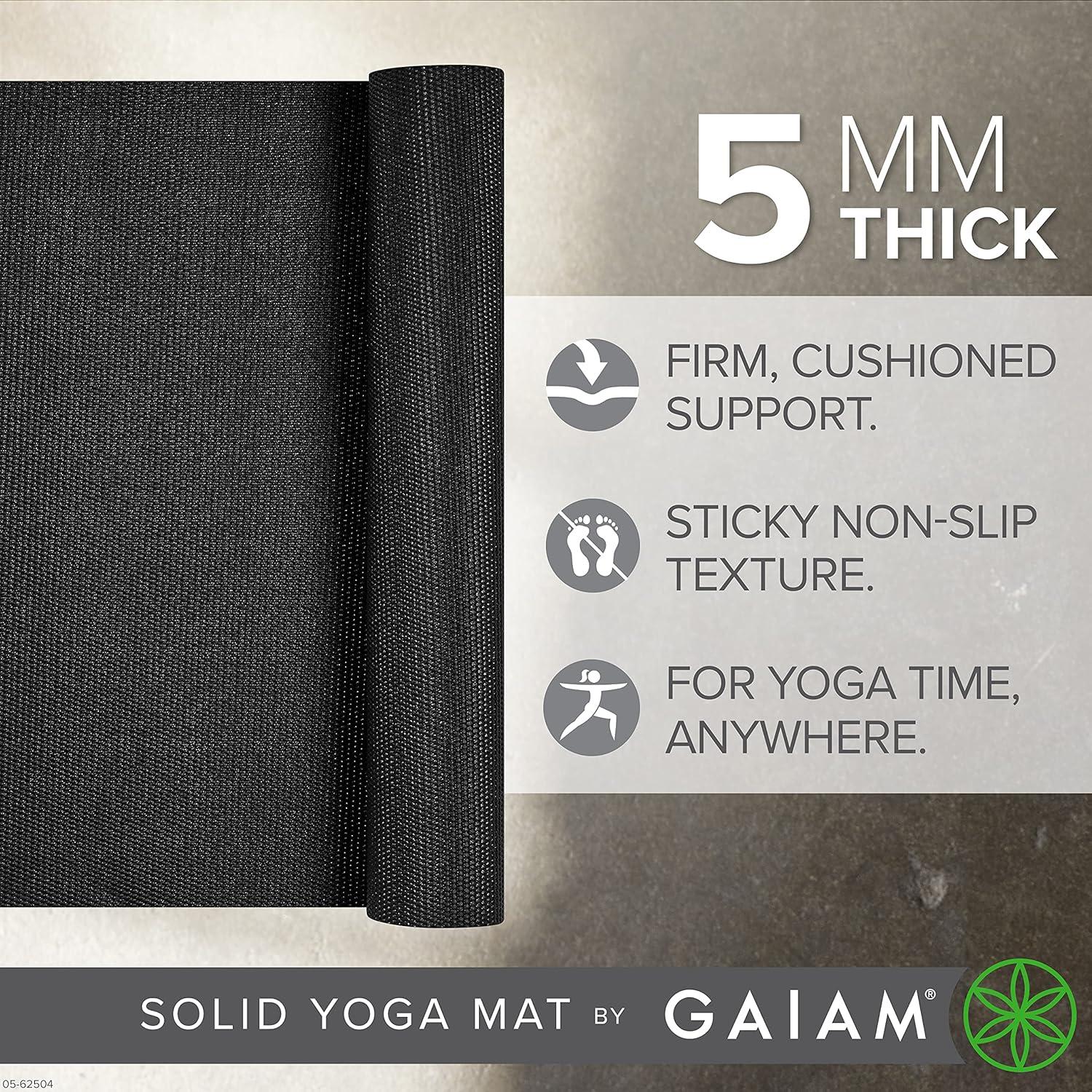 imageGaiam Yoga Mat  Premium 5mm Solid Thick Non Slip Exercise ampamp Fitness Mat for All Types of Yoga Pilates ampamp Floor Workouts 68quot x 24quot x 5mmBlack