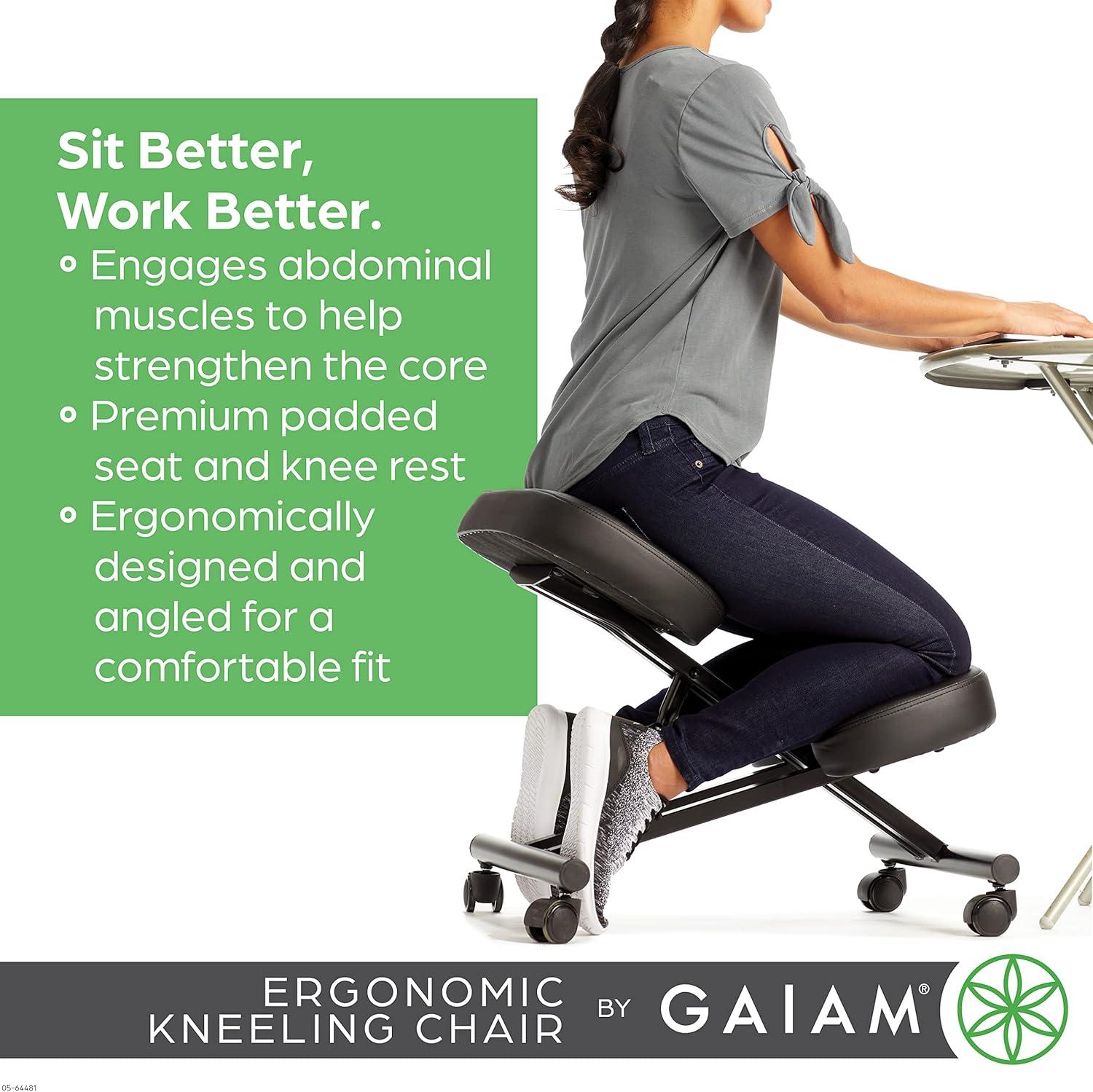 imageGaiam Ergonomic Kneeling Chair  Adjustable Office Chair with Padded Cushions  Home Office Chair for Improving Posture and Core Alignment  Includes EasyGlide Lockable Caster Wheels