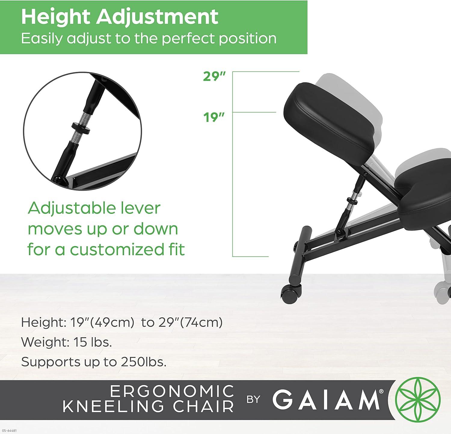 imageGaiam Ergonomic Kneeling Chair  Adjustable Office Chair with Padded Cushions  Home Office Chair for Improving Posture and Core Alignment  Includes EasyGlide Lockable Caster Wheels