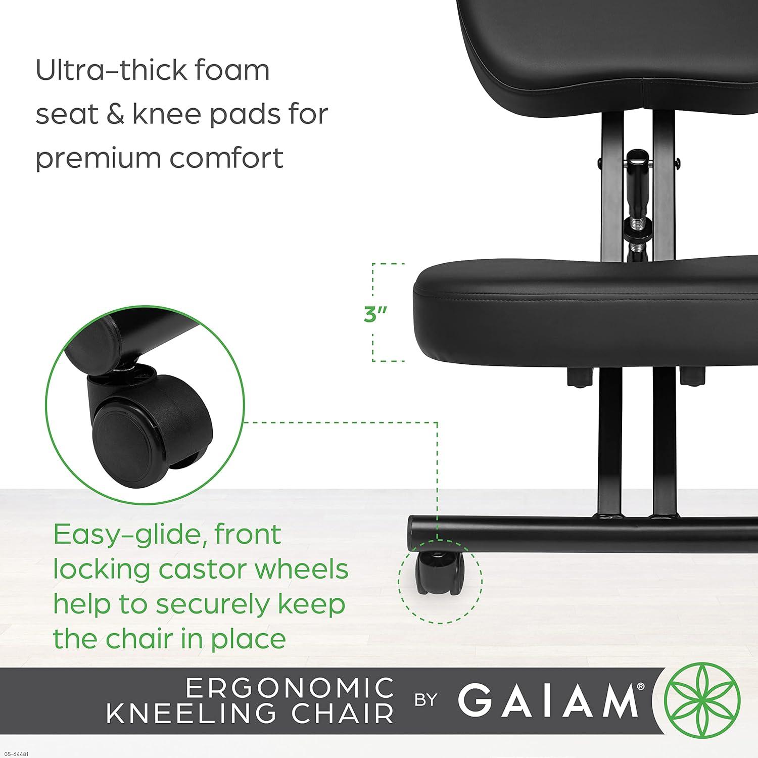 imageGaiam Ergonomic Kneeling Chair  Adjustable Office Chair with Padded Cushions  Home Office Chair for Improving Posture and Core Alignment  Includes EasyGlide Lockable Caster Wheels