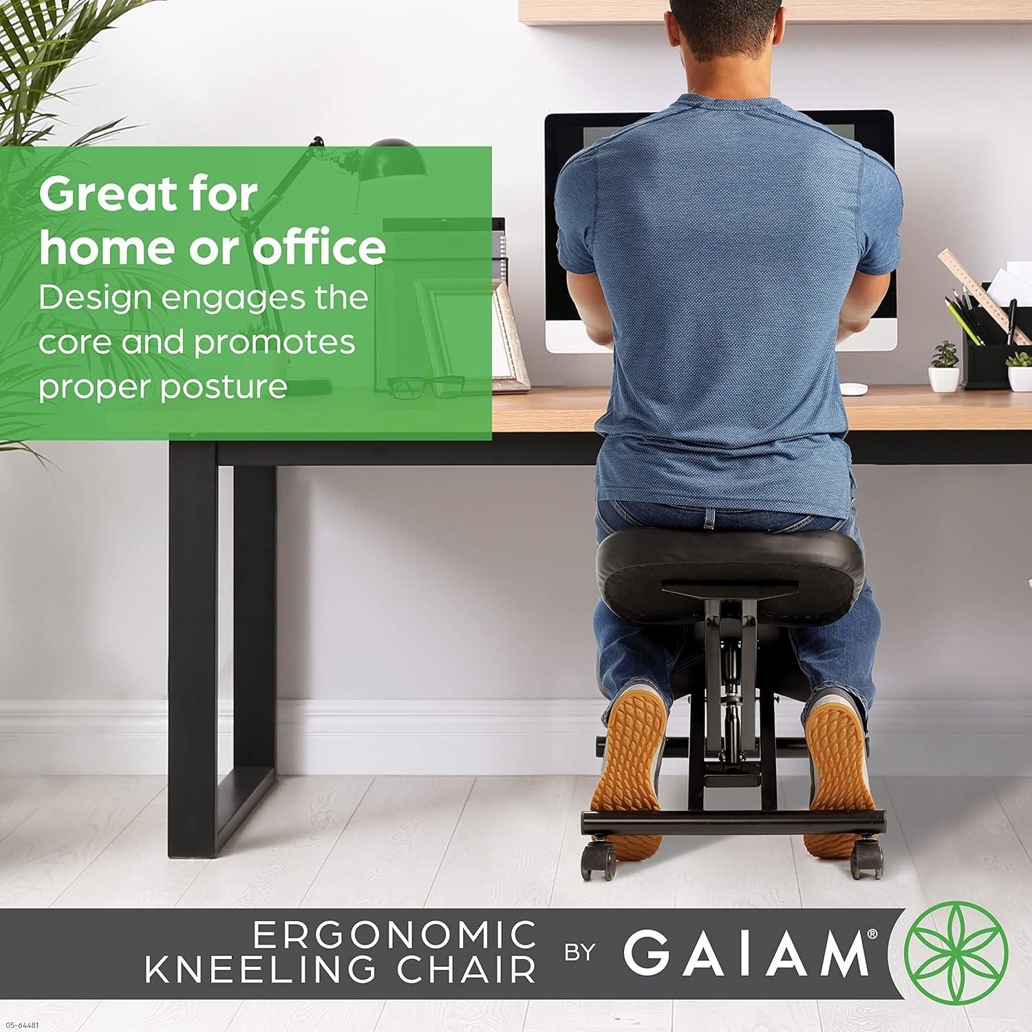 imageGaiam Ergonomic Kneeling Chair  Adjustable Office Chair with Padded Cushions  Home Office Chair for Improving Posture and Core Alignment  Includes EasyGlide Lockable Caster Wheels