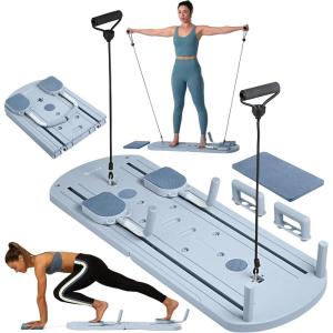 imageGaiam Compact Pilates Reformer Machine Dusty Blue  at Home Pilates Kit with Resistance Bands Handles Knee Pad and Workout Guide for Strength Flexibility and Core Training Easy Setup
