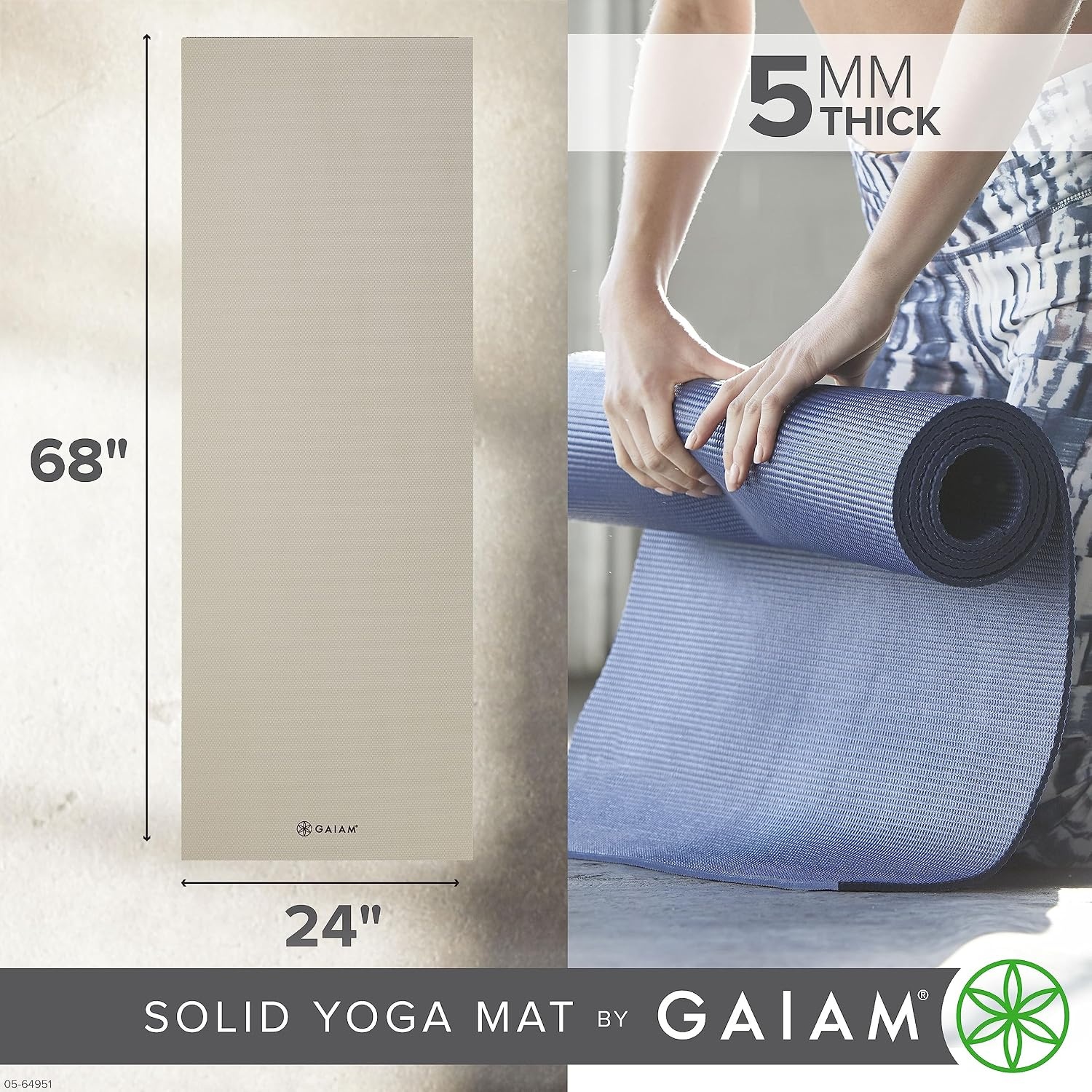 image:imageGaiam Yoga Mat  Premium 5mm Solid Thick Non Slip Exercise amp Fitness Mat for All Types of Yoga Pilates amp Floor Workouts 68 x 24 x 5mmSandstone
