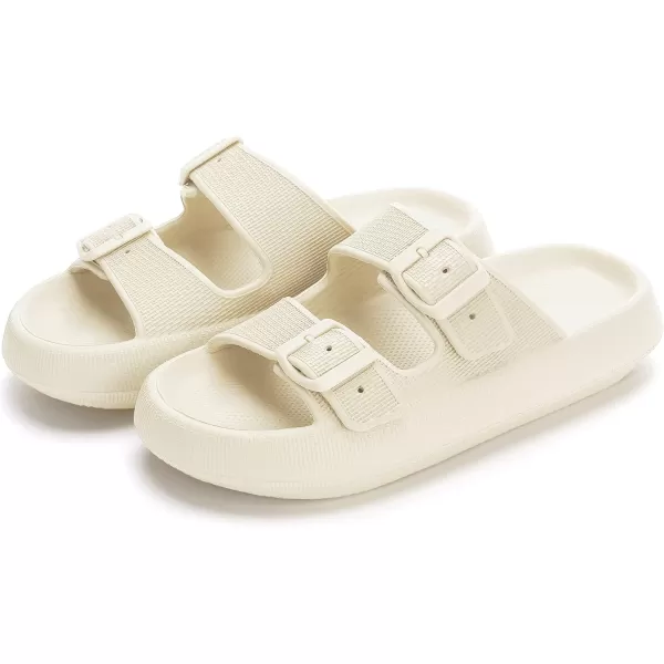 imageWHITIN Slides for Women Men Double Buckle Adjustable Thick Sole Pillow Slippers Bathroom SandalsBeige